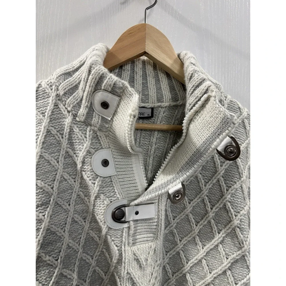 Estare Mens XI Gray White Diamond Cable Knit Wool Blend Toggle‎ Sweater MockNeck - Picture 5 of 8
